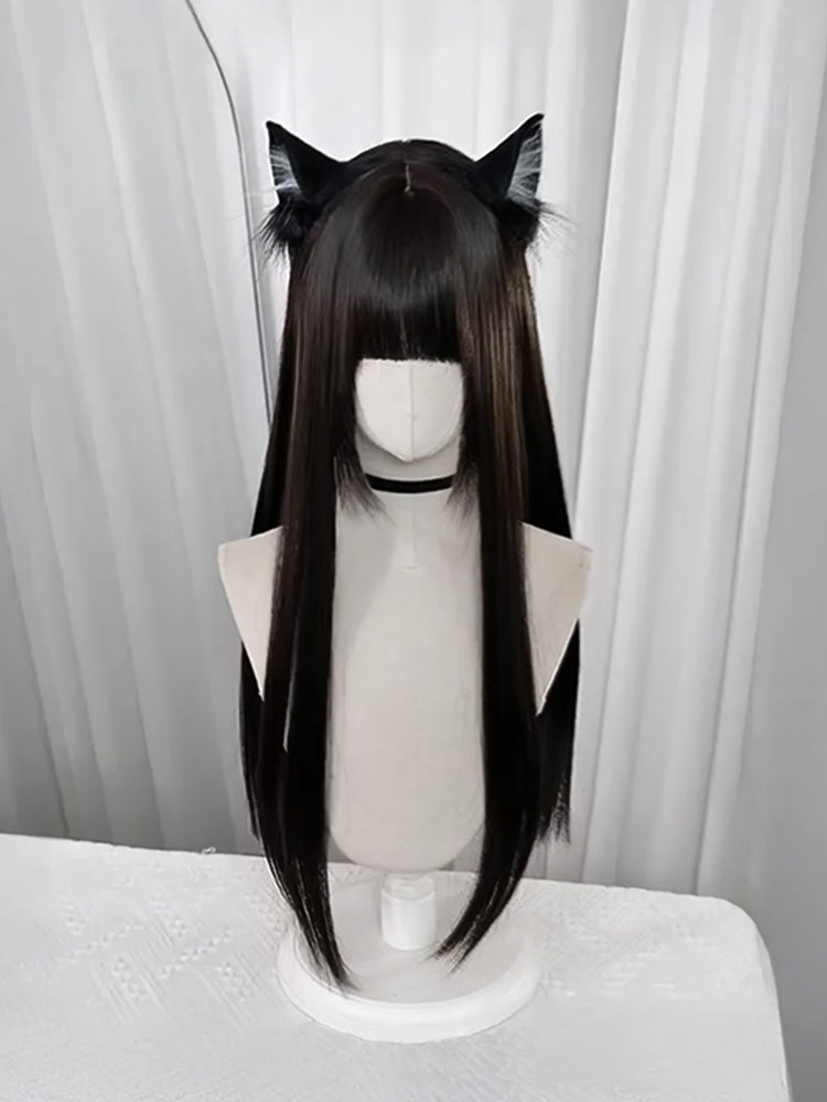 Straight Tea/Light 75CM Black Long with Full Bangs Wig Brown