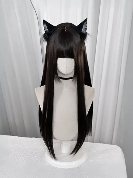 Straight Tea/Light 75CM Black Long with Full Bangs Wig Brown