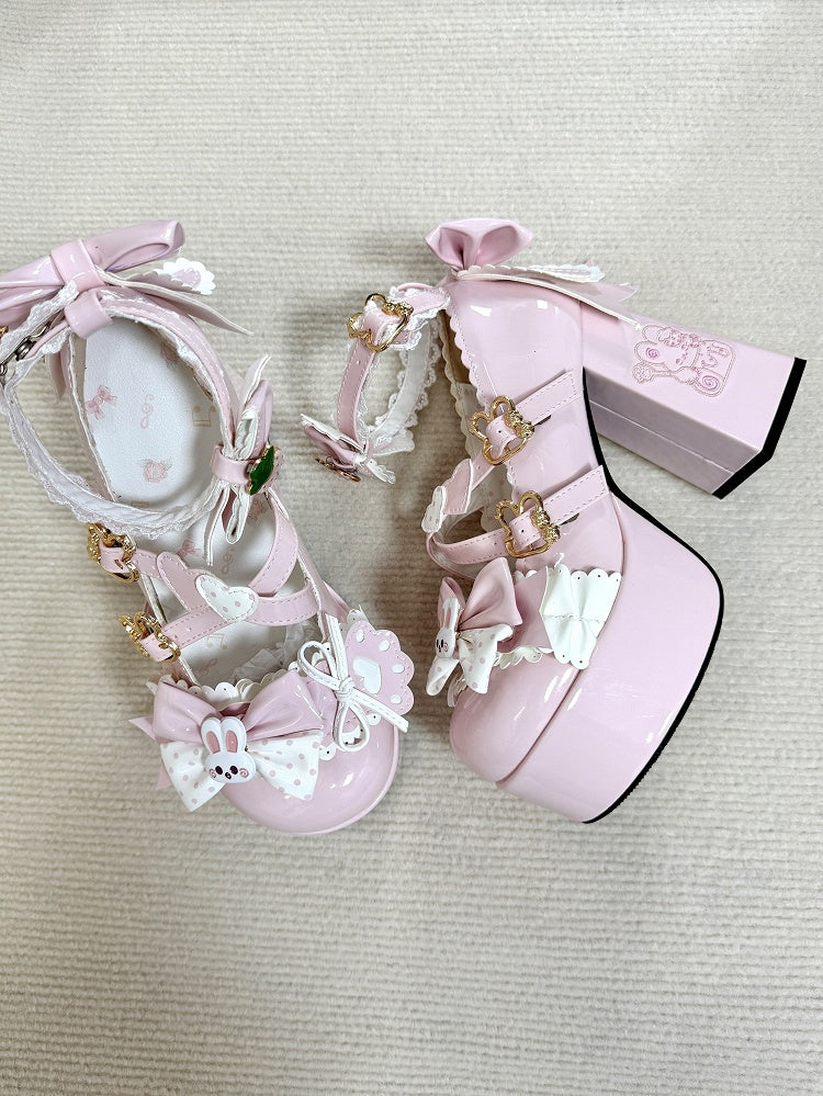 Pink Bunny with Heel Embroidered Mary Janes Lace Sweet Lolita Trim