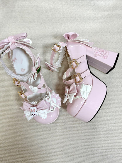 Pink Bunny with Heel Embroidered Mary Janes Lace Sweet Lolita Trim