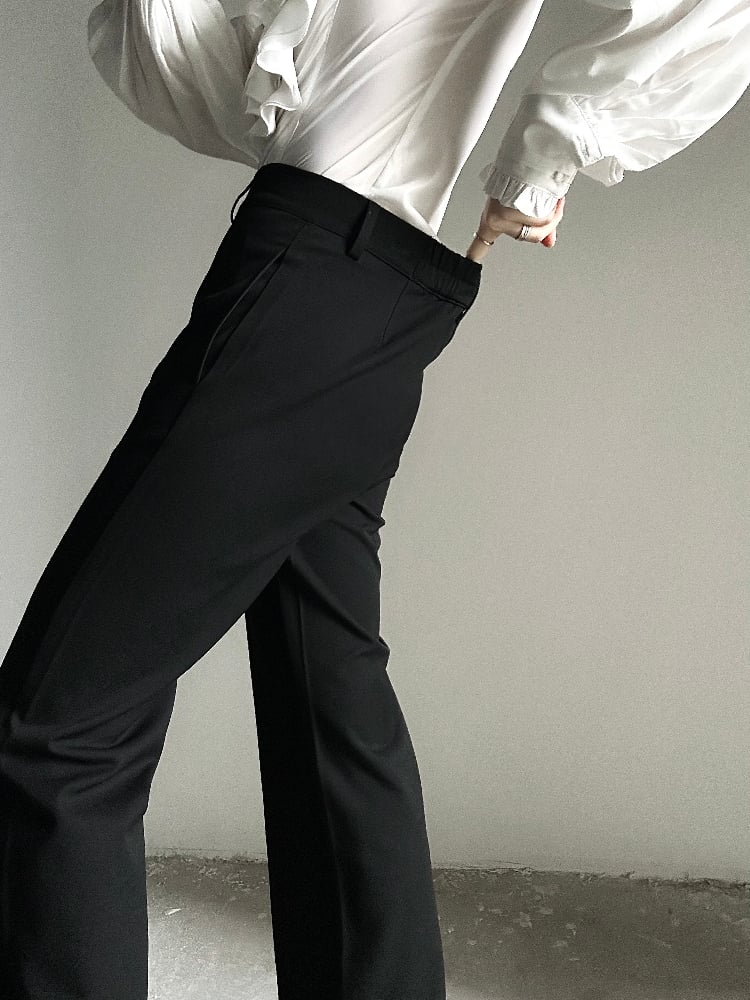 Ouji Lolita Black Straight-Leg Pants with Elastic Back Waist & Subtle Flare