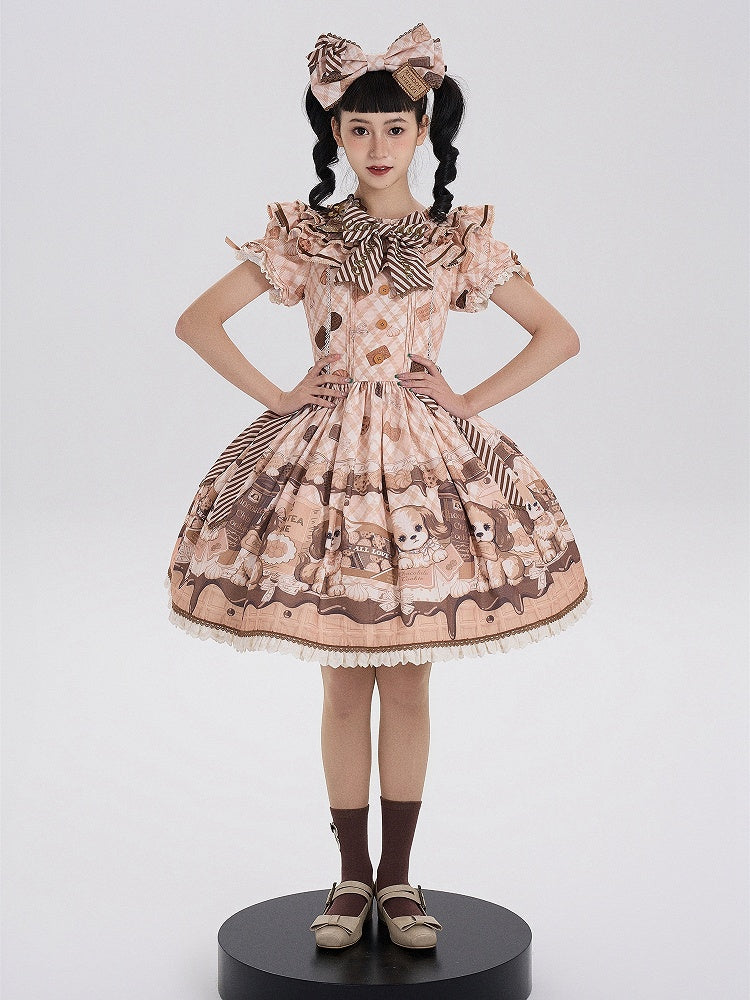 Süßes Lolita-Kleid mit kurzen Ärmeln und Welpen- und Keks-Print in Gelb