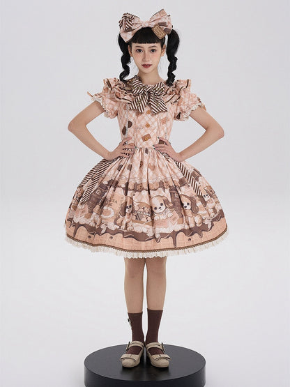 Süßes Lolita-Kleid mit kurzen Ärmeln und Welpen- und Keks-Print in Gelb