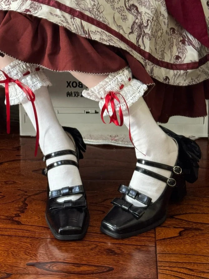 Elegant Dual Bow Square - Heels PU Toe High Black Accents Block Lolita Buckles