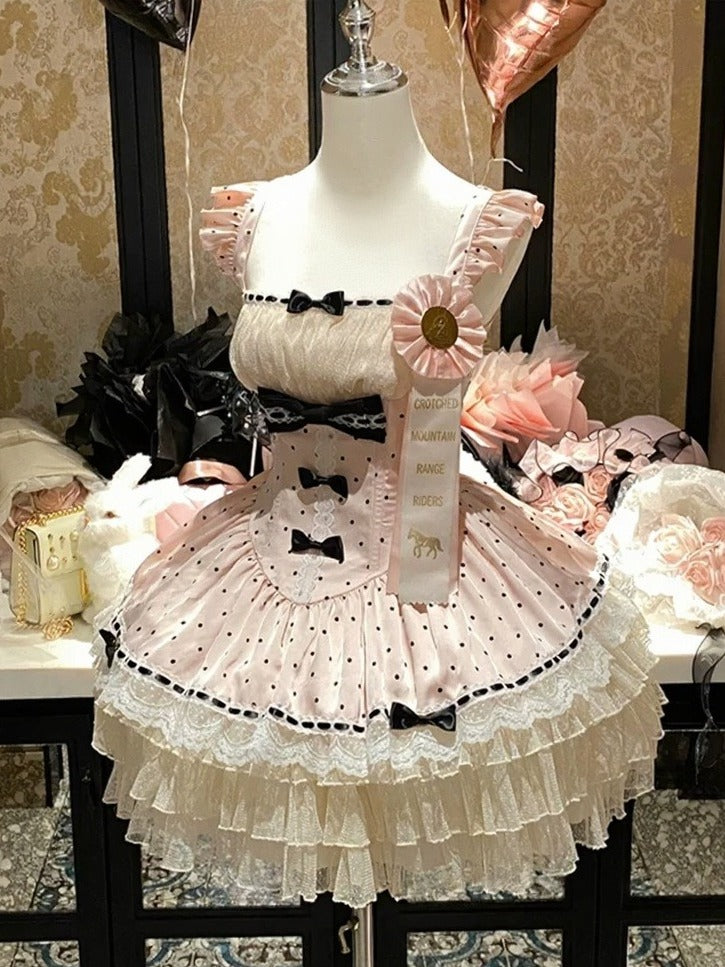 Pink Layered Ruffle Lolita Jumper Dress with Bow and Polka Dots - Diamond Honey