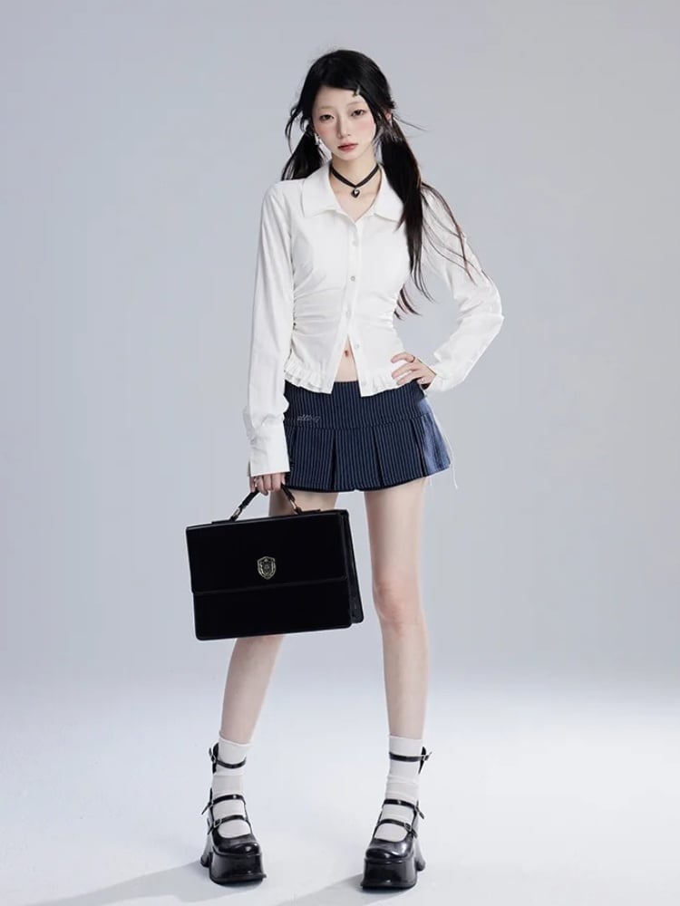 シャツ ホワイト ルーシュウエスト フリル裾 スリムフィット