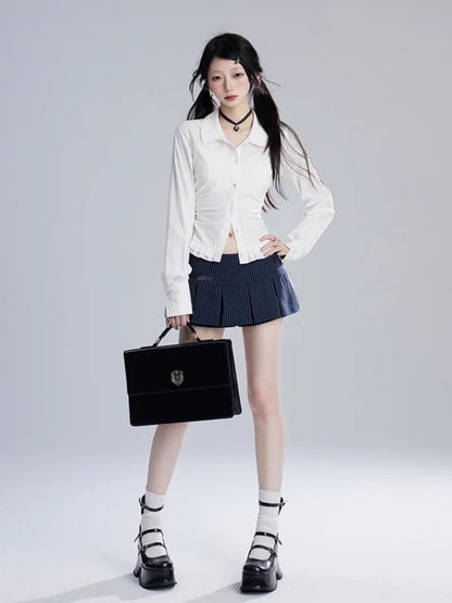 シャツ ホワイト ルーシュウエスト フリル裾 スリムフィット