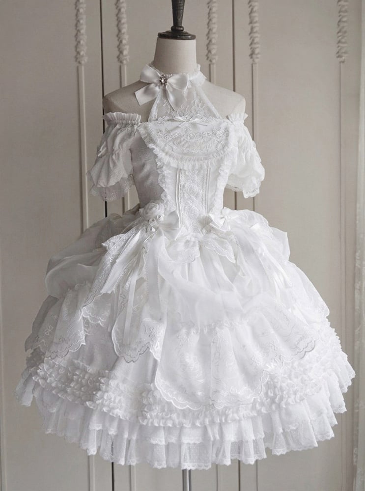 Embroidery Skirt White Elegant Drawstring Layered Details Lolita Ruffles Classic with