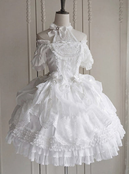 Embroidery Skirt White Elegant Drawstring Layered Details Lolita Ruffles Classic with
