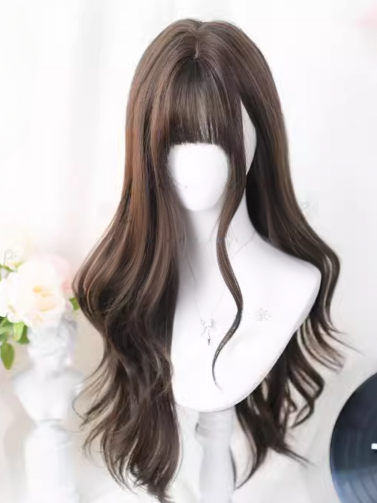 ブラウン アンダーバスト 長さ 60-65CM ウェーブウィッグ エアバング付き