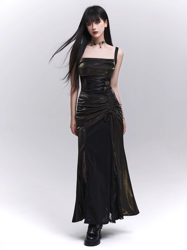 Taillenkordelzug Schwarze Spitze Hüfte Ärmelloses Kleid Patches