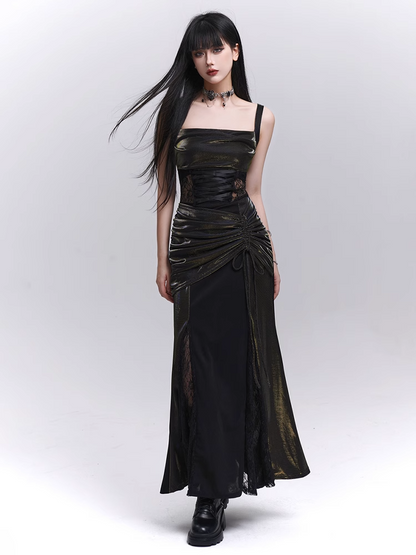 Taillenkordelzug Schwarze Spitze Hüfte Ärmelloses Kleid Patches