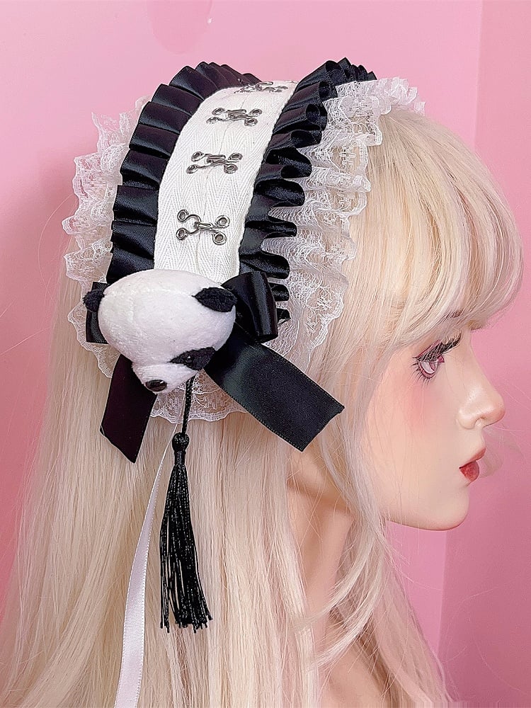 Bowknot Ruffled Hairband Jirai Panda Decorated with Black/White Lace Details Plush Tassels Trim Kei