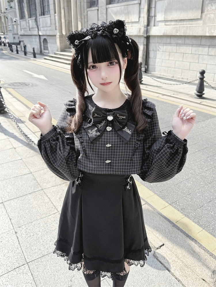 Black with Jirai Dress Square Houndstooth Waist Two-Piece Design Sleeve Buckles Long Faux and Kei