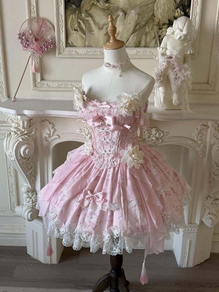 Pink Frog Version Print Jasmine-Embellished Lolita Buttons Short Corset with + Floral Top Skirt