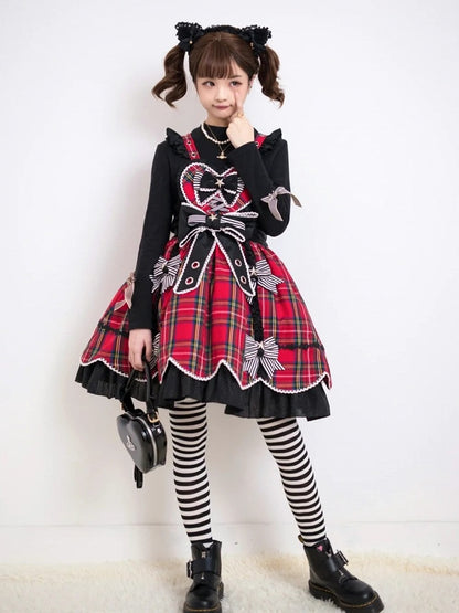 Punk Heart-Bodice Skirt Flutter Bowknots Straps Jumper Lolita with Red Plaid Striped