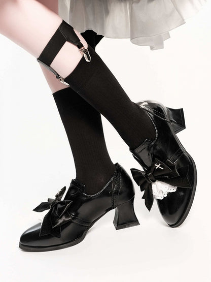 Polished Black Gothic Bowknot 5.5cm Heels Cross Lace - EvilStar