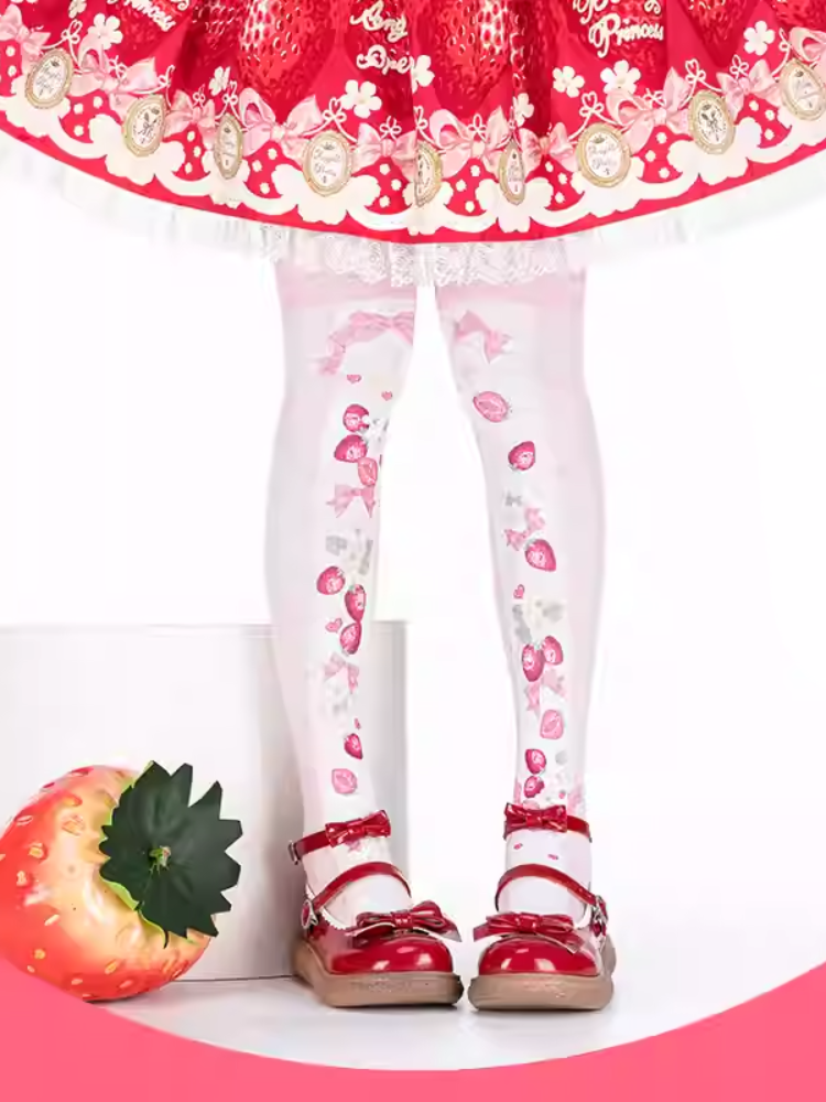 Süße Lolita-Overknee-Strümpfe mit Erdbeer-Print in Rosa