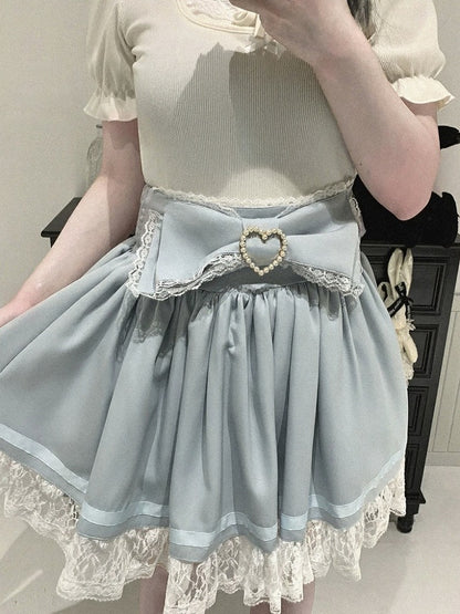 Bow Decorated Skirt with Lace Trim, Jirai Style, 4 Colors - Kitty Bxllet