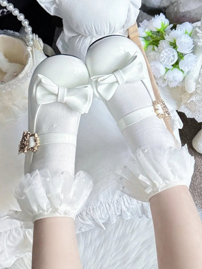 Janes Cat Lolita Clasp Details with Sweet White Low-heel Design Bow Mary
