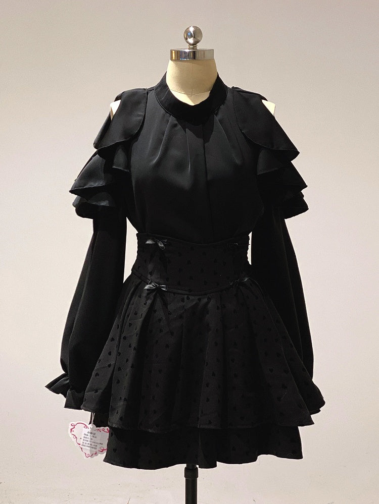 Kei Skirt: Pattern Tiered Waist with Dot Polka Heart High Jirai Dark Sweetness
