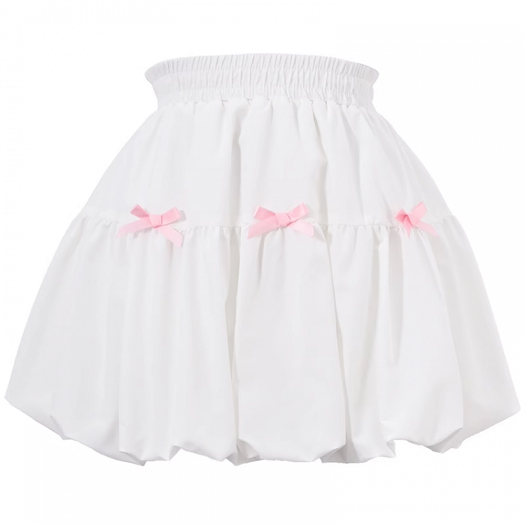 Bowknots White Elastic Waist Bubble Skirt Pink