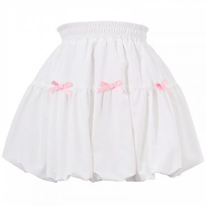 Bowknots White Elastic Waist Bubble Skirt Pink