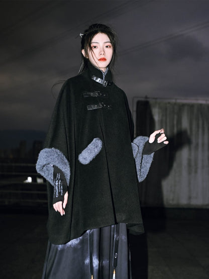 + PU Collar Cheongsam Cape Black Gothic with Coat Buckles Faux Cuffs Regular/Thicken Fur