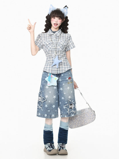 Kawaii Blue Star Print Cropped Jeans with Distressed Embroidery - Languid Park