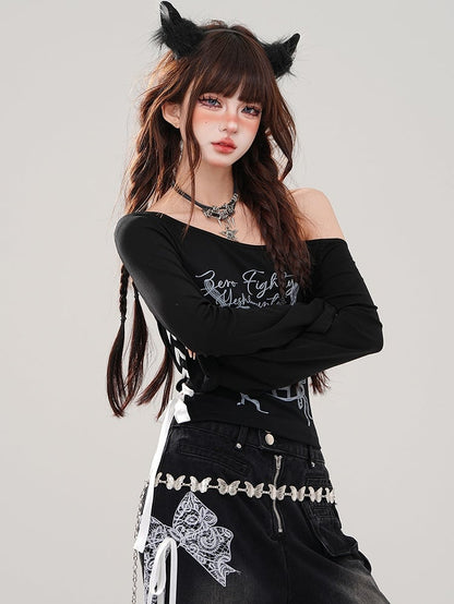 Black Asymmetrical Neckline Graphic Top Lace-up Detail at Waist