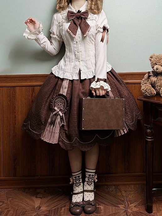 Blouse and Brown Accents Sleeves with Lace Juliette Lolita Beige Bow Trim