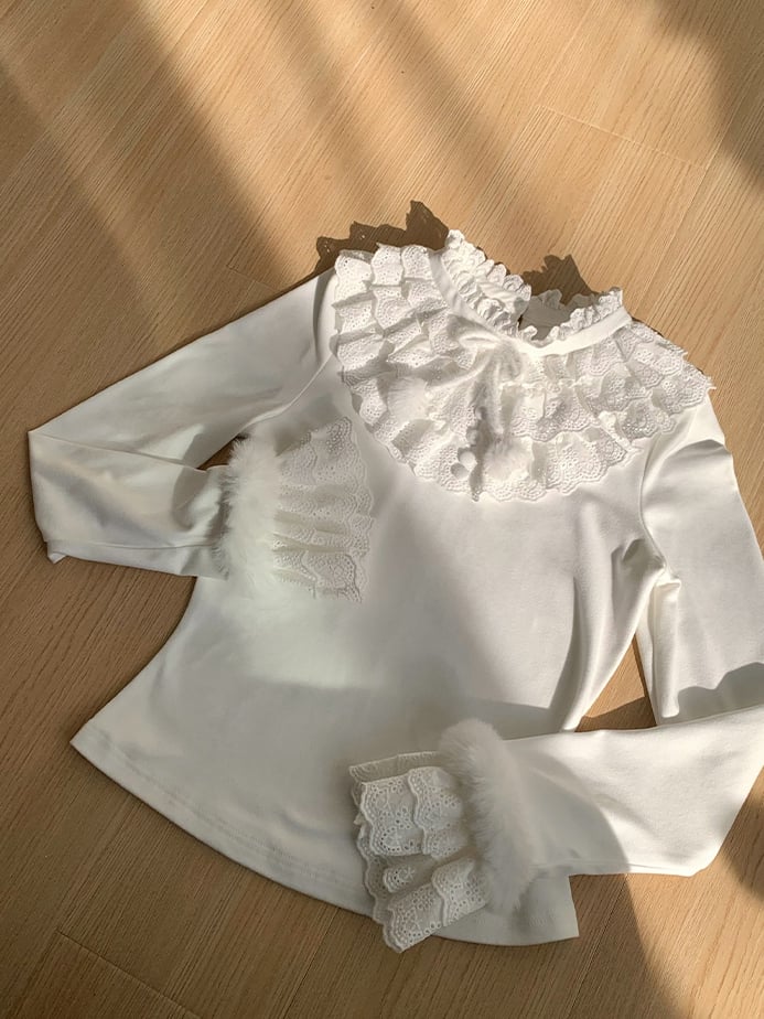Knit Layered with Ruffles Soft Lolita and Top White for Warm Autumn/Winter