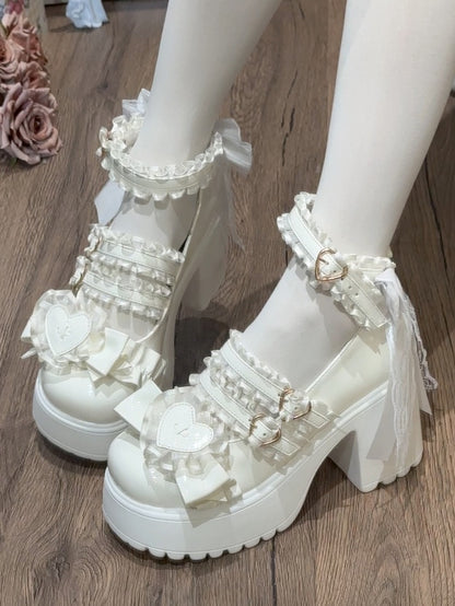 Kei White Heart Jirai Lace Block Bow Heels Ruffled Straps with High Buckle Patch - Platform