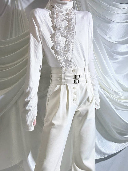 Sleeve Mock Long Slim-fitting Collar Top Prince White