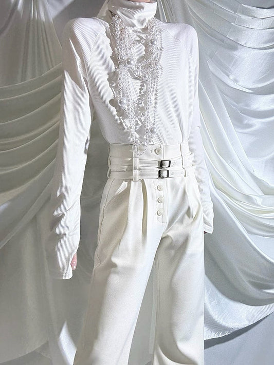 Sleeve Mock Long Slim-fitting Collar Top Prince White