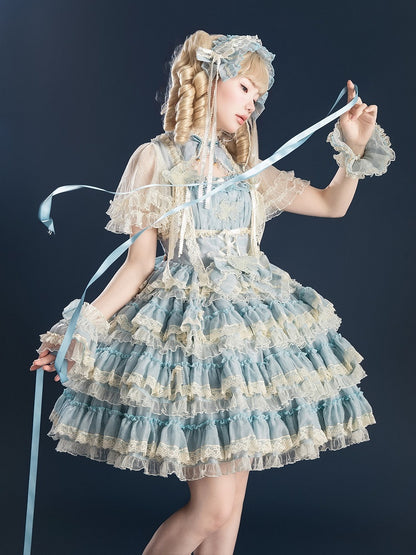 Spitze mit Lolita-Details, Stickerei und gestuftem Goldfischkleid, süße Rüschen, Blau