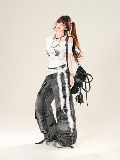 アシンメトリーネックライングラフィックTシャツ グレー/ホワイト