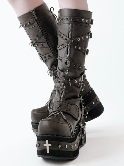in Platform Cross Brown PU Heel with Decor - Studs Boots Style Punk Embellishments Leather Knee