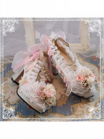 Elegant Lolita Pink Pearl Chain High Heels with Rose Lace - Mirror Lolita