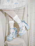 Light Blue Round-Toe Lolita Shoes, 11.5CM Bowknot Block Heel, Pearl & Shell - Bad Bear