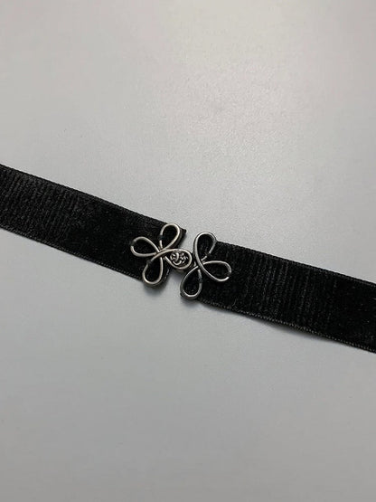 Black Velvet Choker with Metal Floral Charm - YSHXS