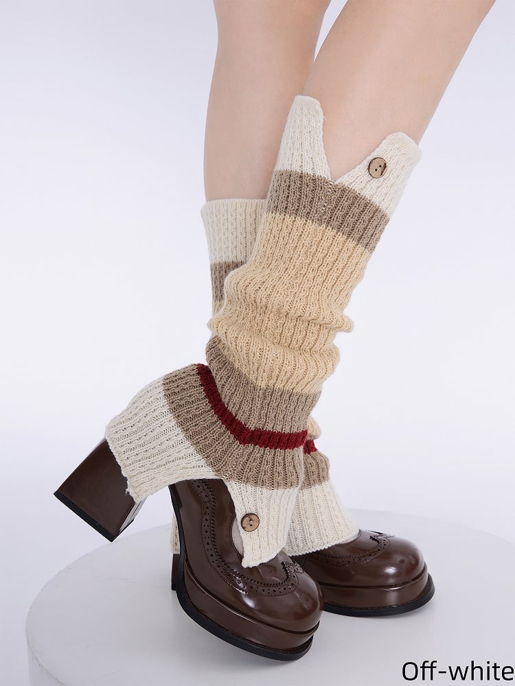 Leg with Design Block Knitted Retro Color Warmers Brown/Off-White Decoration Button
