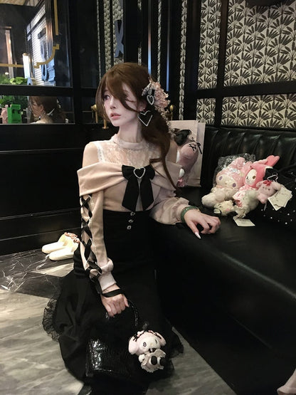 Pink Black Jirai Kei Ties Dress Refined | Crossed Off-the-shoulder Sweet and