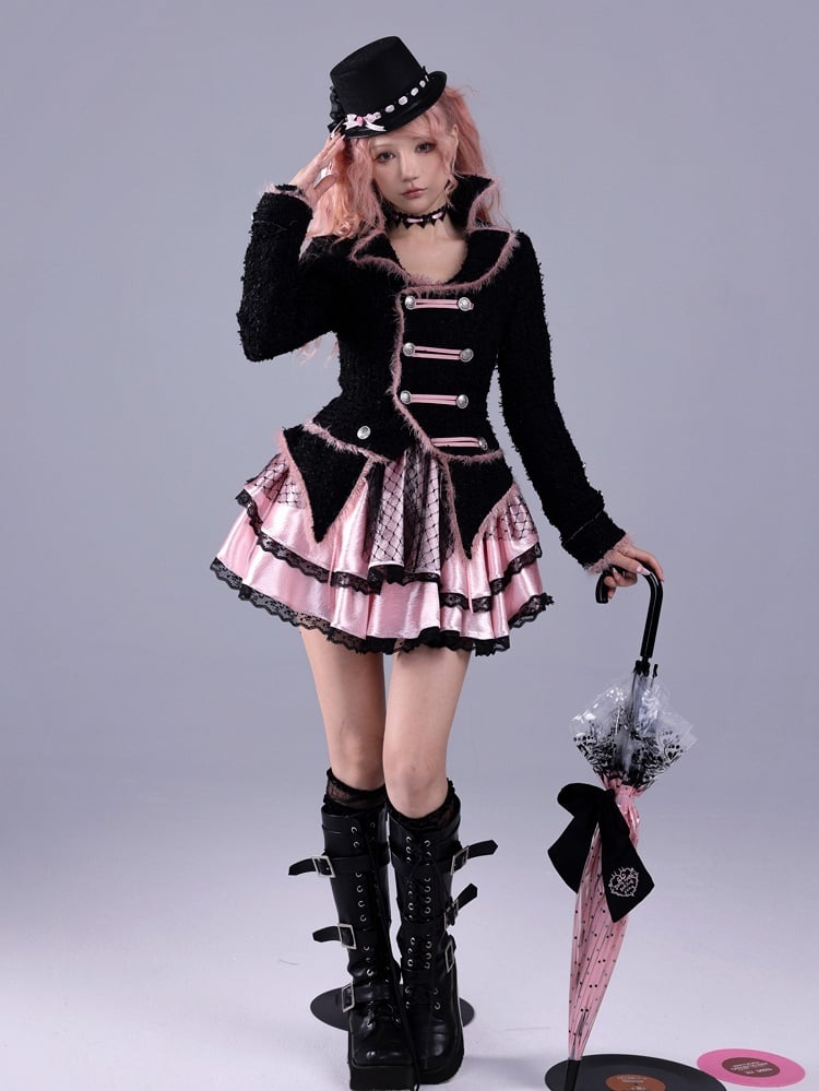 Black & Pink Hime Gyaru Baroque Embossed Boned Waist Tiered Dress