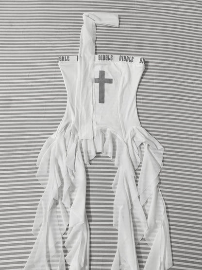 ホワイトクロスプリントのアシンメトリーフラウンスストラップレストップスヘムグラマラス