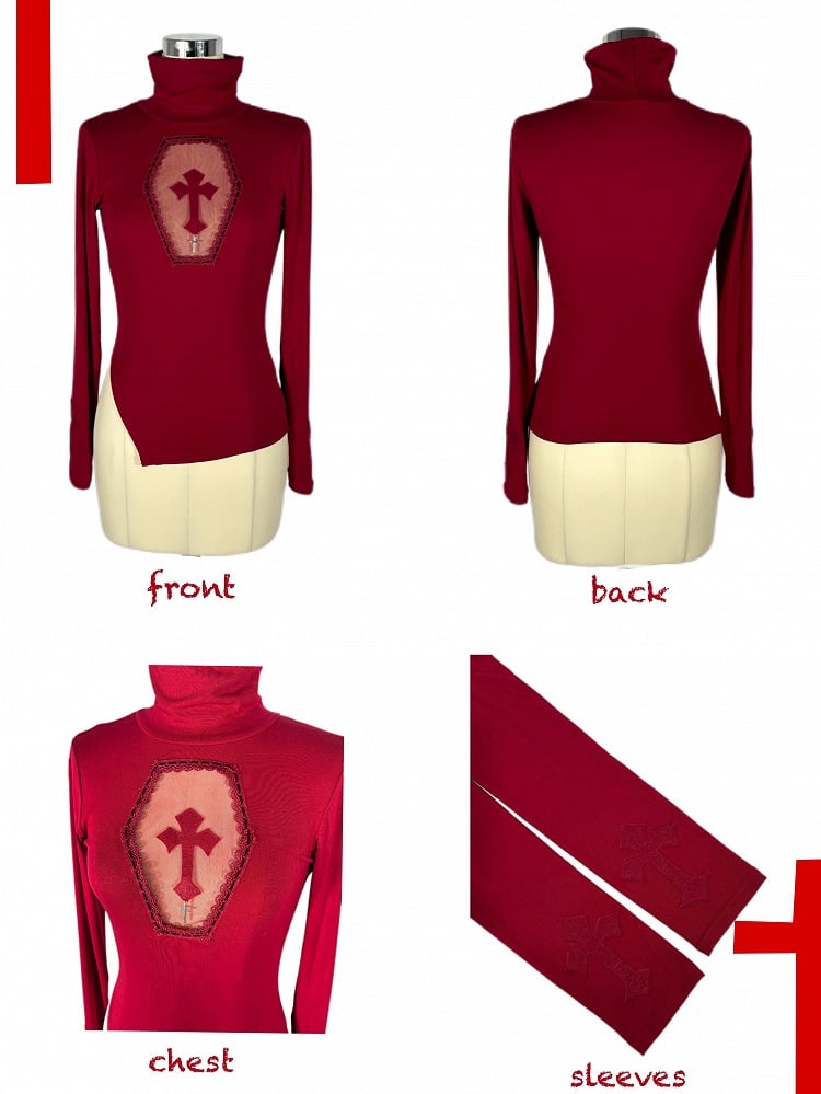 Gothic Red Coffin Cutout Cross Detail Modal High Neck Top Asymmetrical Hem
