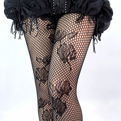 ブラックゴシックロゼット花柄網タイツ