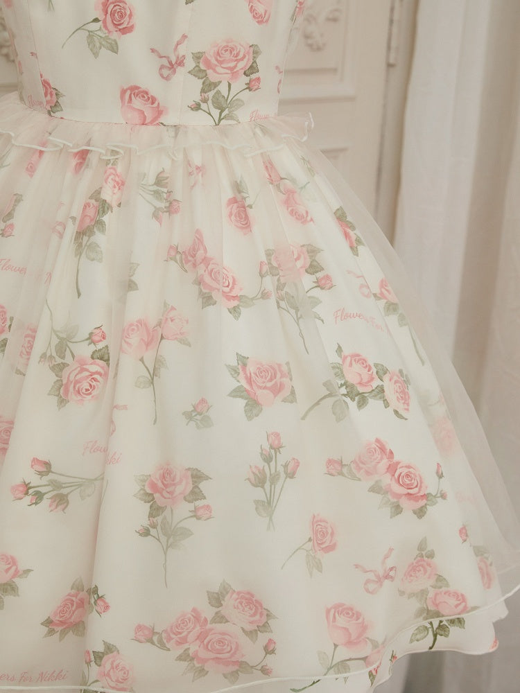 Kleid Rosa Print Rosette Weiß Illusion Lolita Sommer Ausschnitt