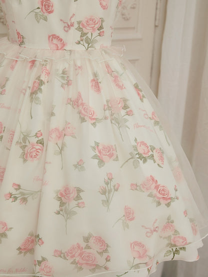 Kleid Rosa Print Rosette Weiß Illusion Lolita Sommer Ausschnitt