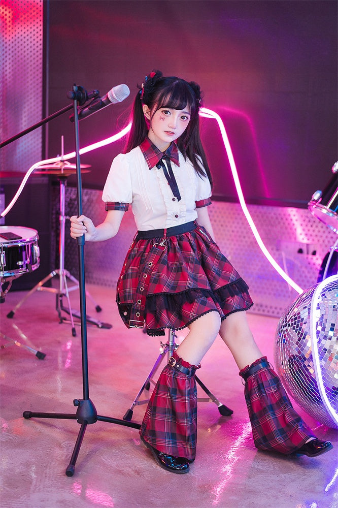 赤いチェック柄バックルストラップ太もも丈アイドルロリータスカート